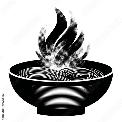 Traditional Asian noodles in a bowl with rising steam, black and white woodcut style illustration of hot ramen or udon soup.