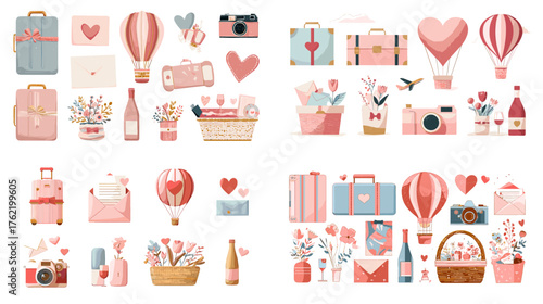 Charming Valentine travel and gift illustration set with balloons, suitcases, cameras, flowers, and hearts in pastel tones. Perfect for romantic vacation designs, greeting cards, or packaging.