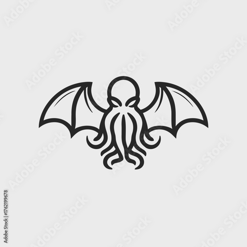 Minimalist winged tentacle monster creature icon. Dark fantasy vector symbol, ancient evil design, mythical beast line art.