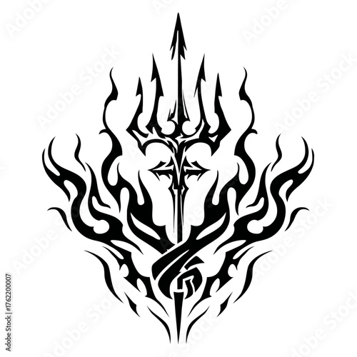 Abstract black tribal trident graphic with flame elements, powerful mythological symbol, fantasy weapon design, vector illustration