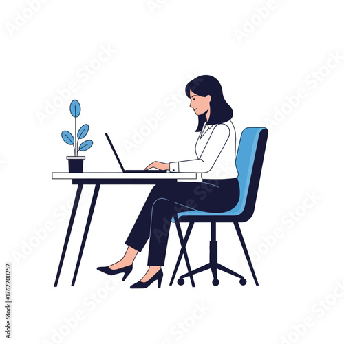 Professional woman working on laptop at modern desk, fostering productivity and focus in a clean, minimalist workspace perfect for remote work visuals