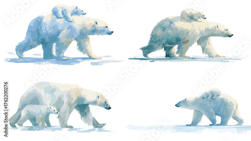 Soft watercolor painting of polar bears with cubs walking on snow. Perfect for wildlife art prints, animal posters, nature conservation designs, and Arctic-inspired watercolor projects.