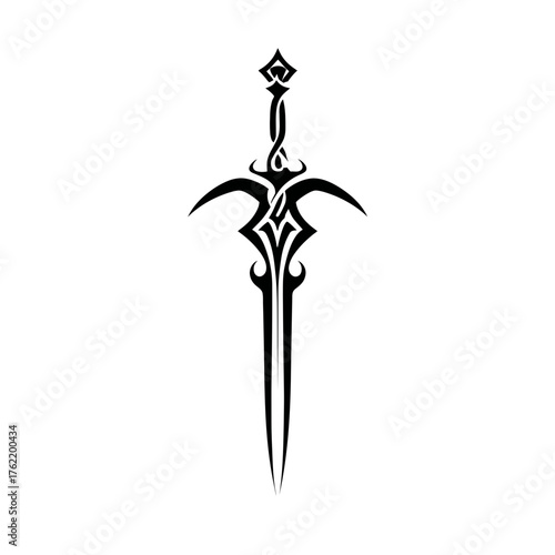 Stylized tribal fantasy sword silhouette illustration. Ornate black medieval weapon design for gaming, tattoo, or graphic projects.