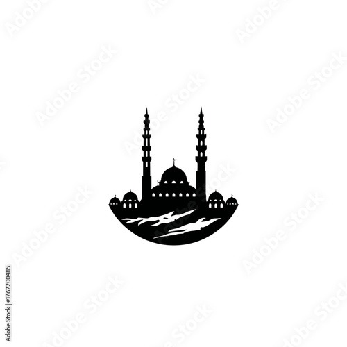 Islamic Mosque Silhouette with Minarets and Domes. Spiritual Architecture Symbol for Religion, Worship, and Culture Design