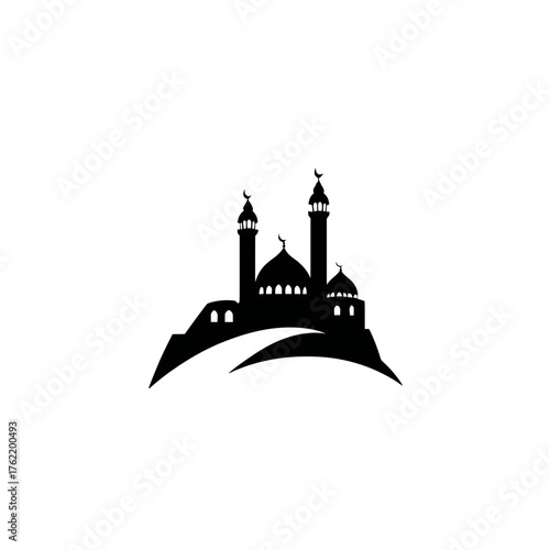 Mosque silhouette icon. Islamic religious building architecture with domes and minarets. Muslim prayer house symbol vector graphic.