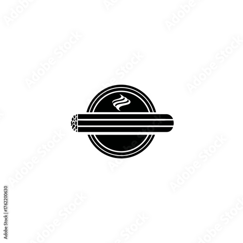 Black and white graphic icon of a lit cigar with smoke, centered in a circular emblem. Vector illustration for tobacco, luxury, and leisure concepts.