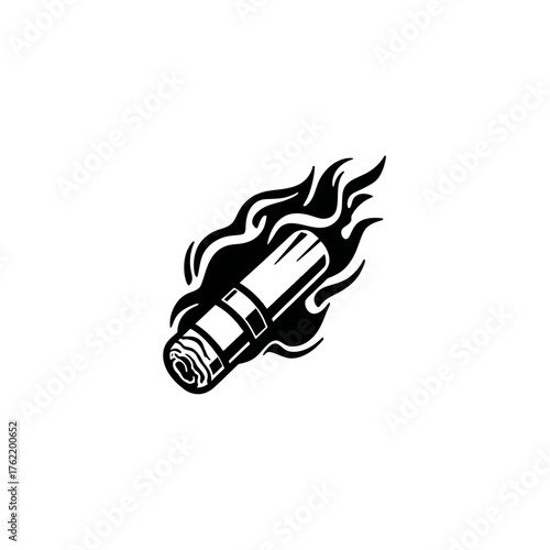 Burning Cigarette Icon with Flames. Black and White Smoking Illustration. Tobacco, Addiction, Danger Symbol Vector Art