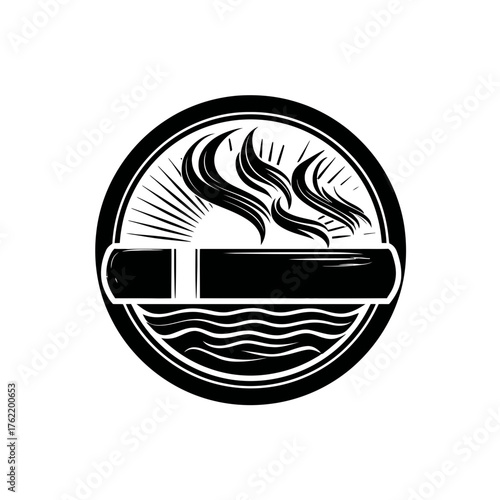 Elegant retro cigar logo with smoke plumes, sun rays, and subtle waves in a stylish black and white circular design element, vintage aesthetic.