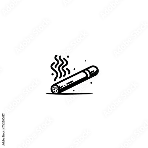 Hand-drawn smoking cigar icon. Vintage style minimalist black and white illustration of a lit cigarette with smoke.