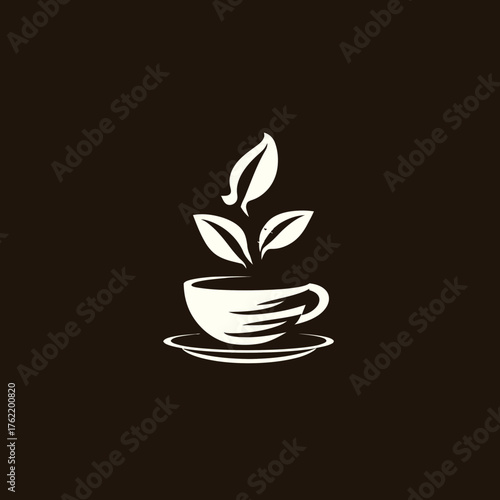 Elegant graphic of a teacup with fresh green leaves growing from it. Organic herbal beverage concept icon, healthy natural drink logo.