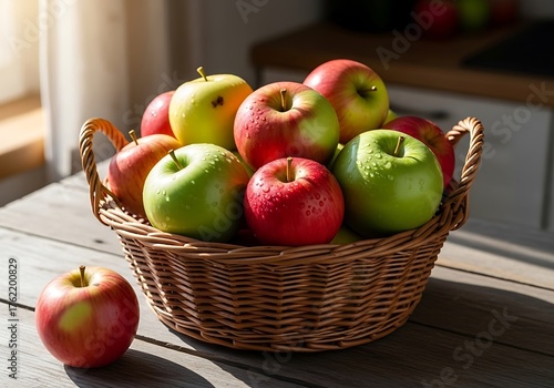 Basket of Fresh Apples on Wooden Table in Sunlight.