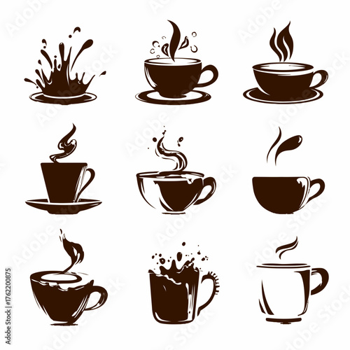 Set of diverse hot coffee cup illustrations with steam and splash effects. Espresso, cappuccino, and latte silhouettes for cafe design.