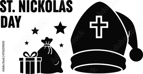 St nicholas day illustration, featuring bishops hat, stars, gift bag, and present in a black and design