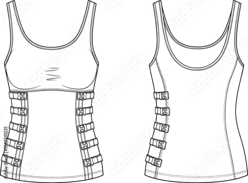Tank top technical sketch, side buckle fashion flat, scoop neck fitted garment, edgy utility design vector, cad drawing flat vector illustration