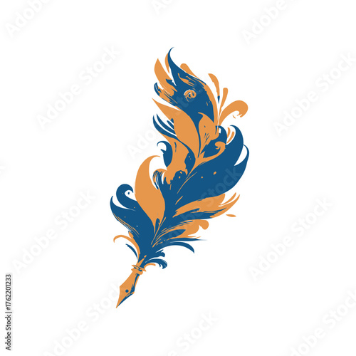 Artistic Blue and Orange Quill Pen Illustration. Vintage Style Feather Writing Tool Graphic Design Element for Creativity and Storytelling