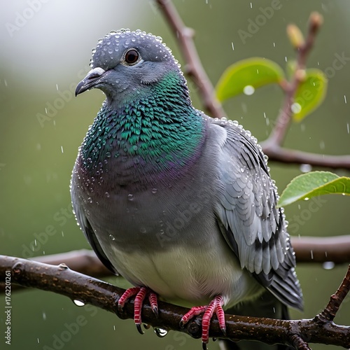 Pigeon Perched on Branch in Rain - A Close-Up View.