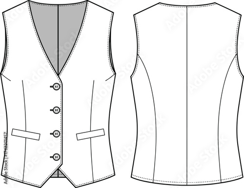 Tailored vest front and back view, V-neckline, button closure, welt pockets, princess seams, fitted silhouette, fashion flat sketch, vector illustration
