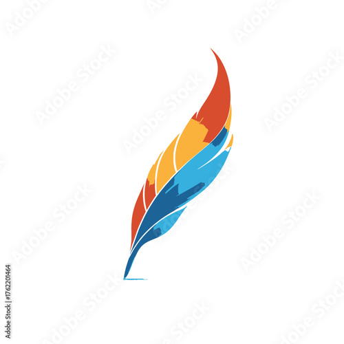 Colorful abstract feather vector illustration with vibrant red, orange, yellow, and blue hues. Modern graphic design element.