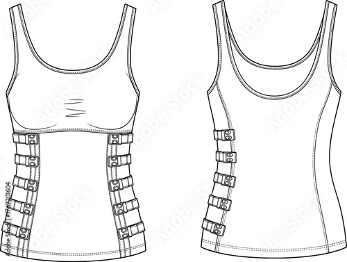 Tank top technical sketch, side buckle fashion flat, scoop neck garment template, fitted silhouette vector, cad drawing flat vector illustration