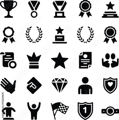 Achievement and success icon set including trophy, medal, badge, star and winner symbols.