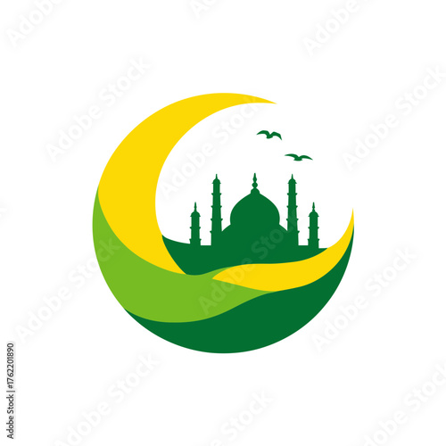 Vibrant Islamic mosque silhouette nestled within a green and yellow crescent moon, symbolizing Muslim faith, prayer, and spiritual celebration.
