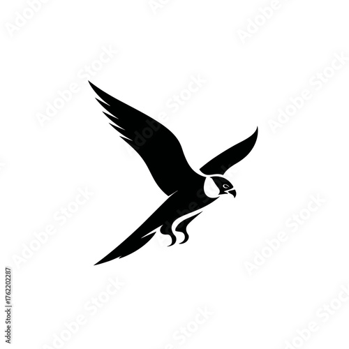 Black falcon silhouette in flight, swift bird of prey, powerful wings, elegant soaring wildlife, graphic design element.