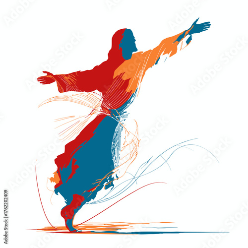 Vibrant abstract figure with outstretched arms in a dynamic, expressive dance, celebrating freedom and spiritual movement with colorful paint strokes.