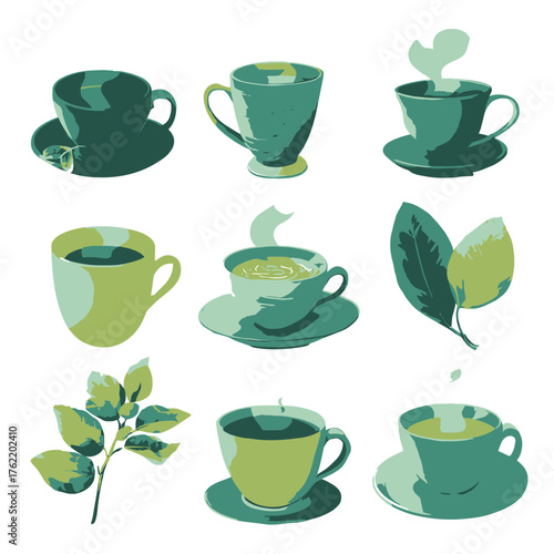 Collection of green tea cups and fresh leaves illustration. Vector set of various hot beverages and herbal drink elements.