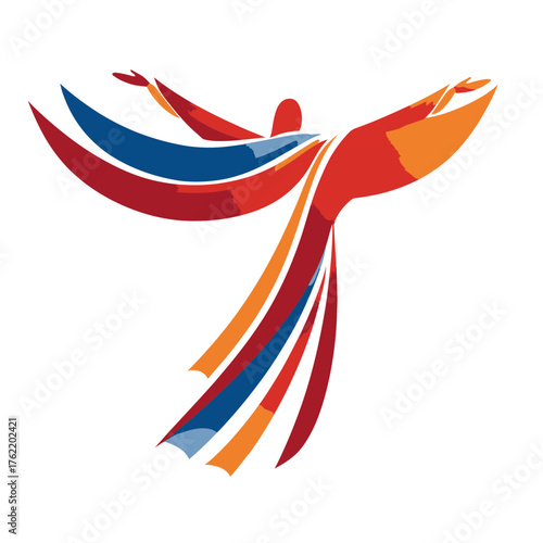 Dynamic abstract figure with vibrant flowing colors, arms outstretched, symbolizing freedom, celebration, and human spirit