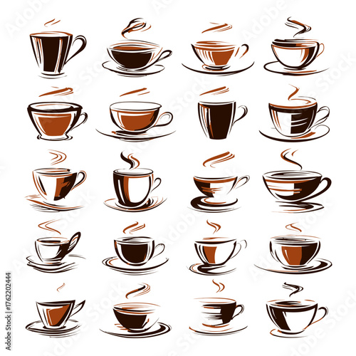 Collection of stylized coffee cups with steam, vector illustration set. Hot beverage mugs for cafe, tea, espresso, and cappuccino design elements.