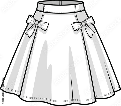 White flared skirt with bows, high waistband, tailored hem, fashion garment design, feminine silhouette, cad drawing flat vector illustration