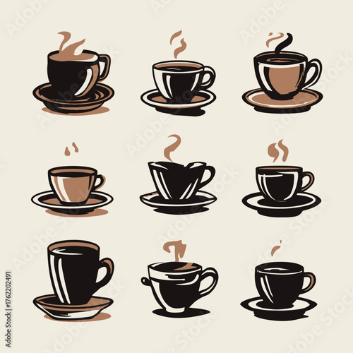 Collection of nine stylized steaming coffee cups and saucers. Vector illustration of hot beverages for cafe, breakfast, or design elements.