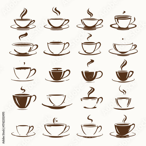 Collection of steaming hot coffee and tea cups with saucers, vector style icons for cafe, restaurant, menu, and beverage designs.