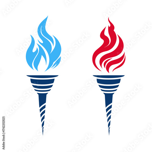 Dynamic vector illustration of two stylized torches with bold red and blue flames, symbolizing competition, power, victory, energy, and inspiration.