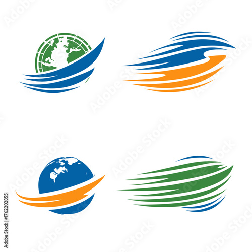 Modern abstract vector globe and dynamic swoosh design elements. Ideal for global business, technology, logistics, and eco concepts.