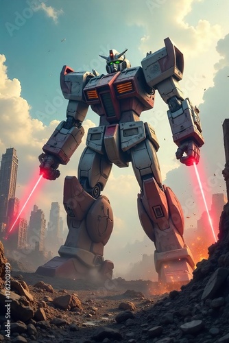 Colossal Robot Battle Epic City Destruction - Lasers, Debris, and Fierce Conflict