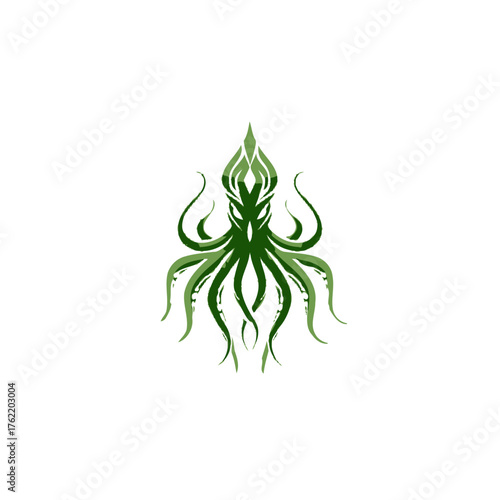 Stylized green octopus or squid creature graphic. Abstract mythological sea beast emblem with organic tentacles, vector illustration.