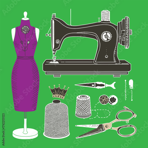 Vintage Sewing and Tailoring Equipment Hand Drawn Illustration Set