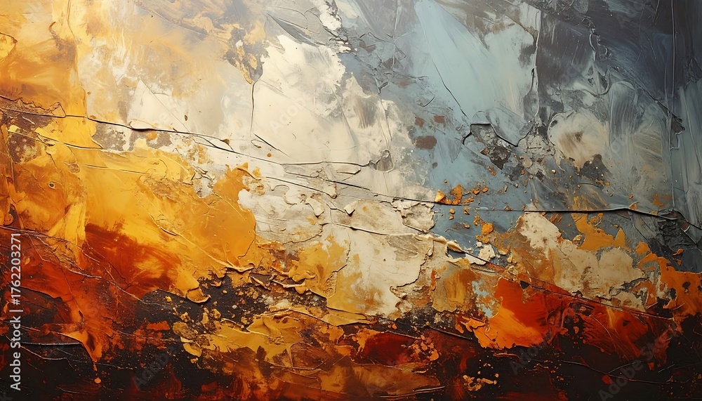 Obraz premium An abstract painting featuring textured brushstrokes. Warm hues blend with cool tones to create a dramatic, textured composition. Depth and dimension are achieved through the layering of colors
