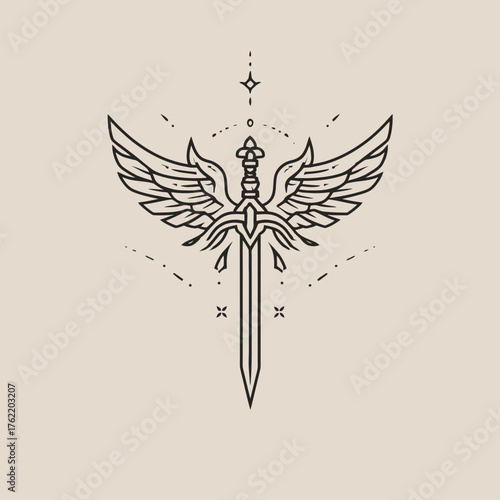 Elegant Winged Sword Line Art Illustration. Divine Weapon Symbolizing Strength, Freedom, and Protection in a Minimalist Style.