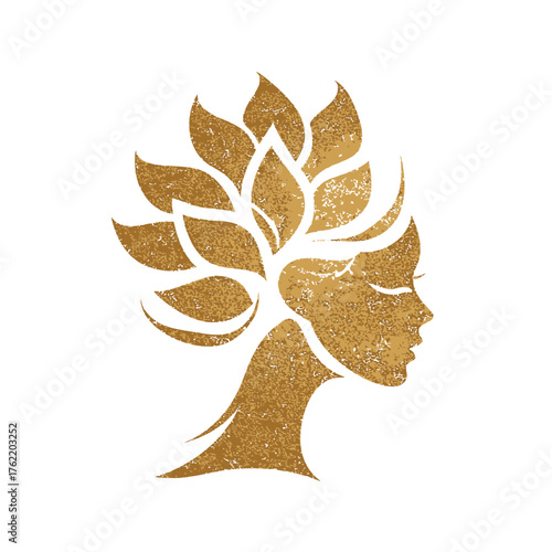 Elegant golden glitter woman profile with organic leaf hair, embodying natural beauty, wellness, growth, and spa aesthetics
