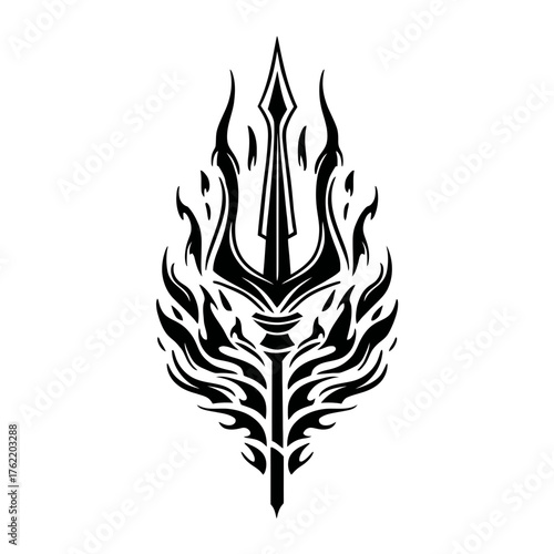Stylized trident spear with tribal flame patterns vector illustration. Mythological weapon emblem, powerful aquatic symbol design.