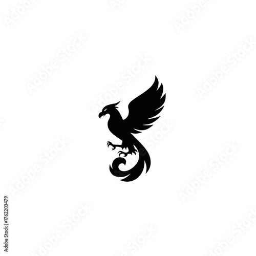 Elegant Black Phoenix Silhouette with Outstretched Wings, Mythical Bird Vector Illustration, Symbol of Strength, Rebirth, and Power