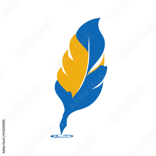 Stylized Feather Pen Icon with Blue and Yellow Colors, Creative Symbol for Writing, Literature, Education, and Artistic Expression
