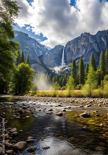 Yosemite Valleys Majestic Waterfall and River Landscape.