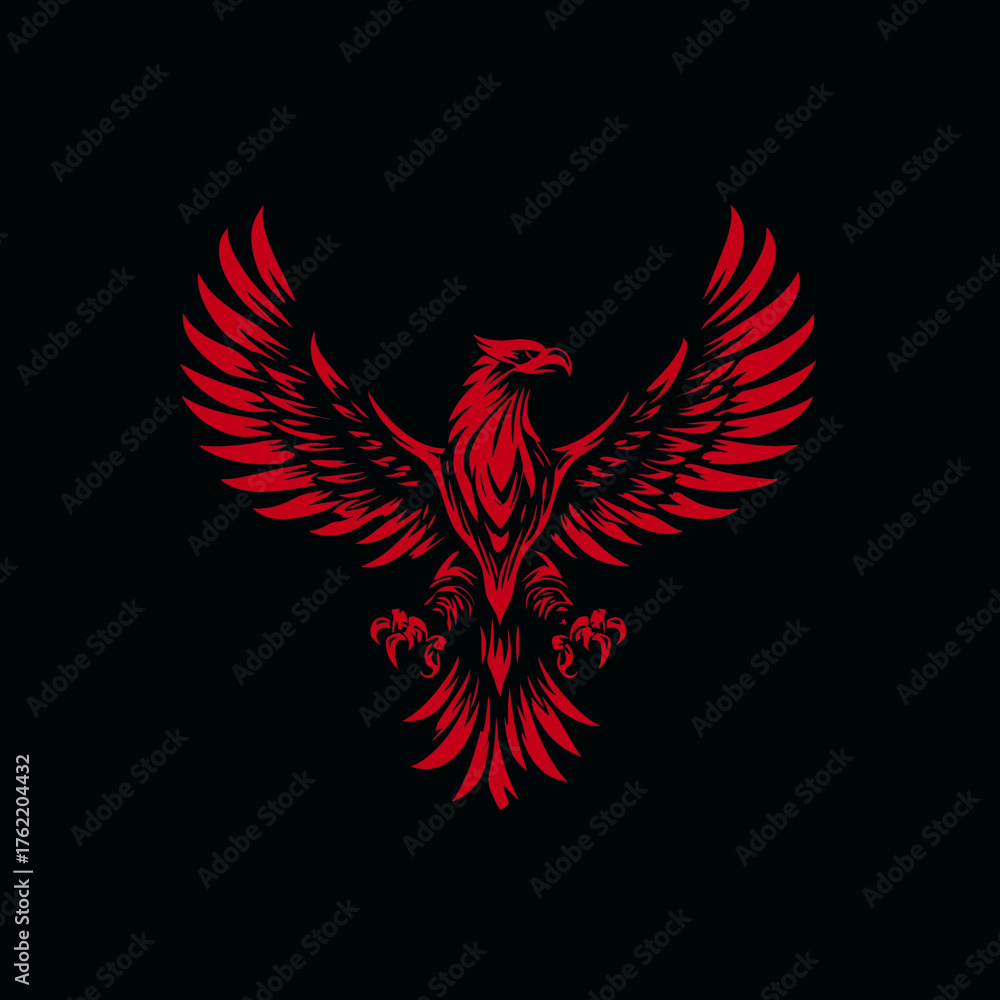 Fototapeta premium Majestic red eagle or phoenix with spread wings on black background, symbolizing strength, freedom, and triumph. Powerful mythical bird.