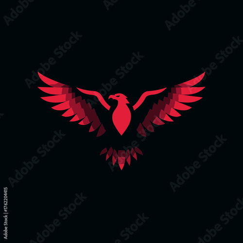 Dynamic stylized red eagle or phoenix in flight with wings spread, a powerful symbol of strength, freedom, and transformation against a dark background.