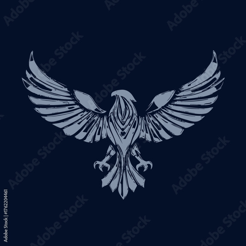 Powerful stylized eagle illustration with majestic wings spread, a soaring bird of prey emblem on a dark blue background.