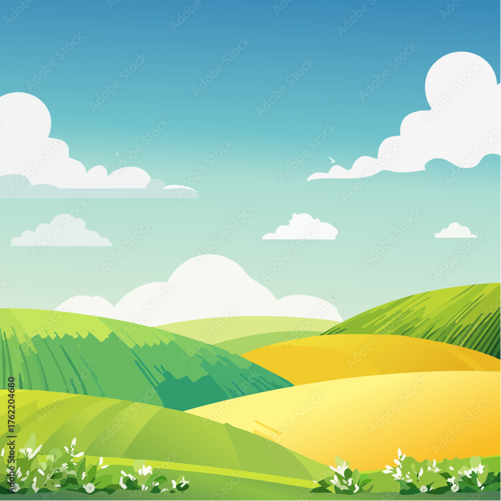 Fototapeta premium abstract Summer Hilly Landscape With Meadows Plants, Blue Sky And Clouds, vector illustration