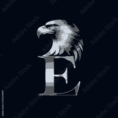 Stylized silver eagle head on a metallic capital letter E emblem design against a dark background, strong and majestic.